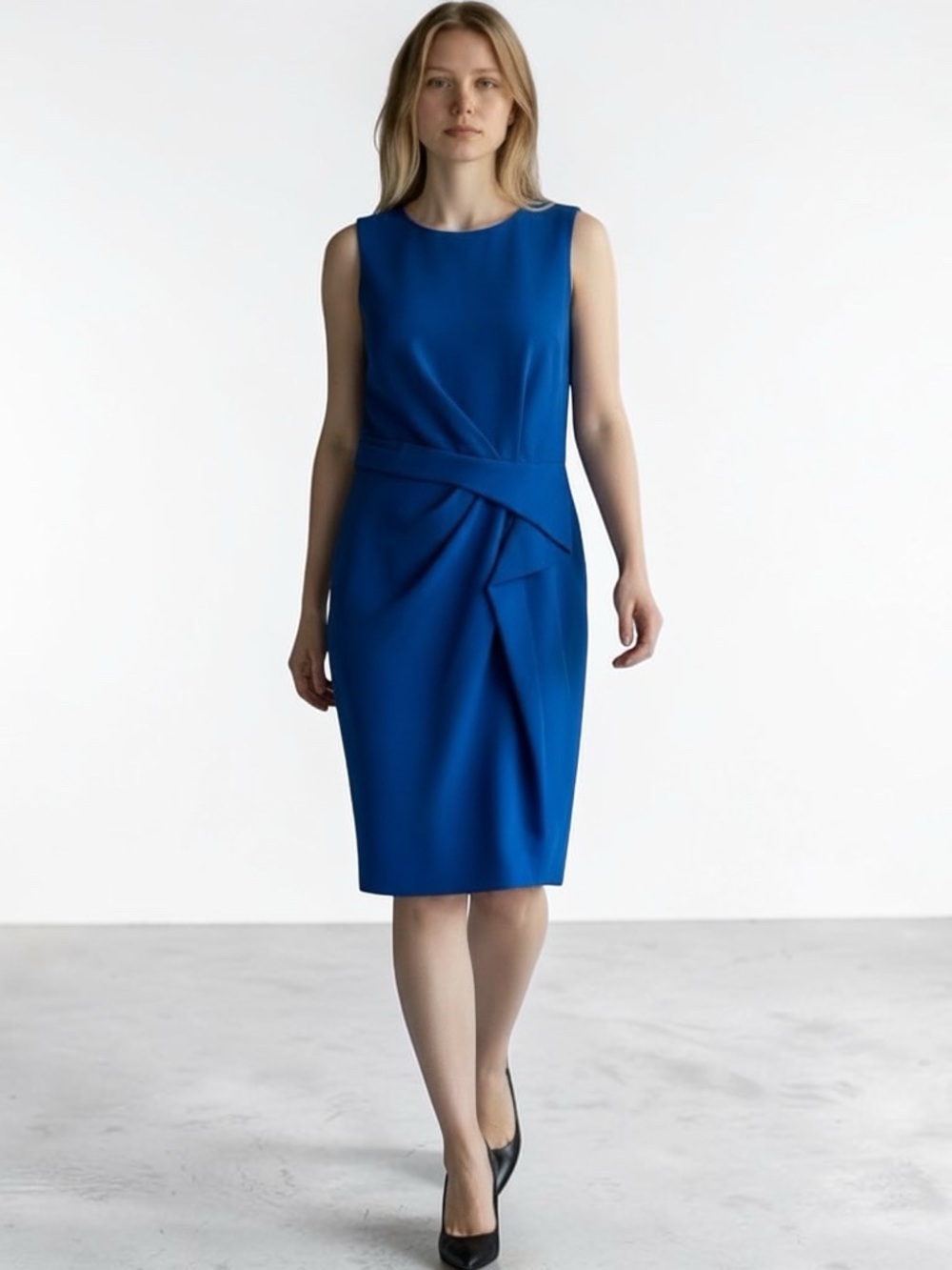 Halston Heritage modern, elegant Sapphire Blue Draped Sheath Dress Size 12 - Picture 2 of 12
